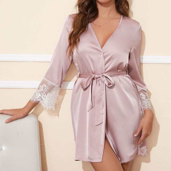 

Contrast Lace Belted Satin Robe, Dusty pink
