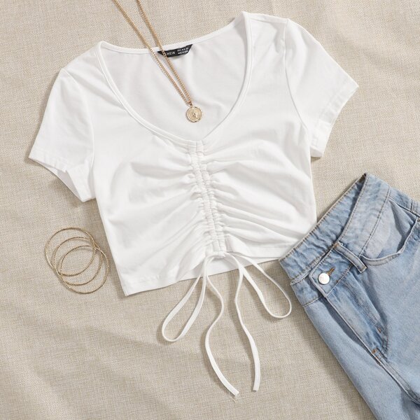 

Solid Drawstring Ruched Tee, White
