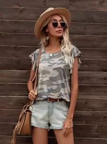 DEARCASE Butterfly Sleeve Camo Curved Hem Top - Multicolor - View 1