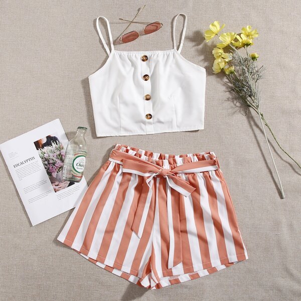 

Button Front Cami Top With Striped Belted Shorts, Multicolor