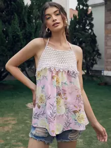 SHEIN VCAY Floral Print Guipure Lace Panel Halter Top - Multicolor - View 1