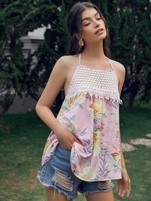 SHEIN VCAY Floral Print Guipure Lace Panel Halter Top - Multicolor - View 3