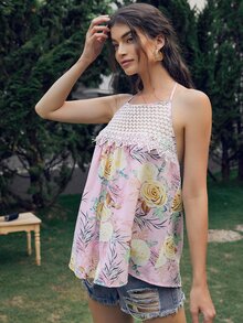 SHEIN VCAY Floral Print Guipure Lace Panel Halter Top - Multicolor - View 4