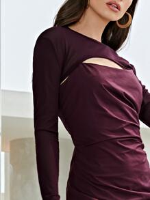 Denisa Dovala Solid Split Thigh Drawstring Side Dress With Super Crop Tee - Maroon - View 3