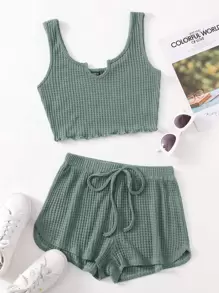 SHEIN EZwear 小褶邊華夫格針織背心上衣和短褲套裝 - 青碧色 - 查看 1