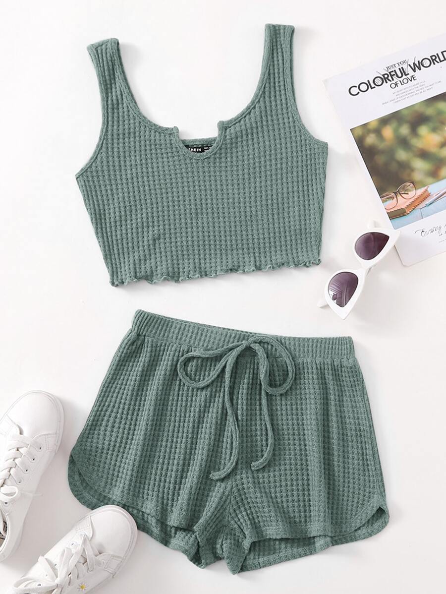 SHEIN EZwear 小褶邊華夫格針織背心上衣和短褲套裝 - 青碧色 - 查看 1