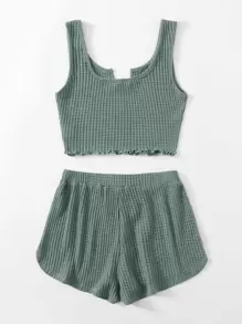 SHEIN EZwear 小褶邊華夫格針織背心上衣和短褲套裝 - 青碧色 - 查看 2