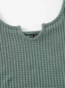 SHEIN EZwear 小褶邊華夫格針織背心上衣和短褲套裝 - 青碧色 - 查看 4