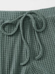 SHEIN EZwear 小褶邊華夫格針織背心上衣和短褲套裝 - 青碧色 - 查看 5