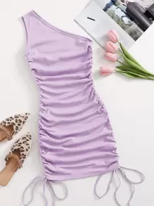 SHEIN BAE 單肩抽褶結飾包臀連衣裙 - 紫丁香色 - 查看 1