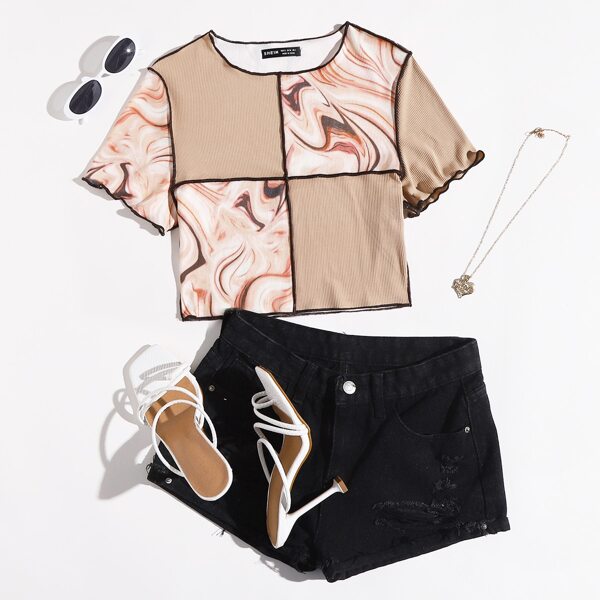 

Marble Pattern Spliced Stitch Lettuce Edge Tee, Multicolor