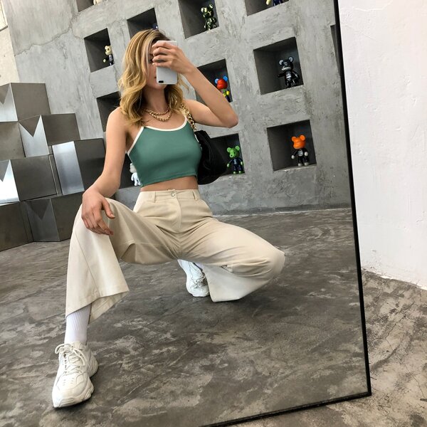 

Contrast Binding Rib-knit Cami Crop Top, Green