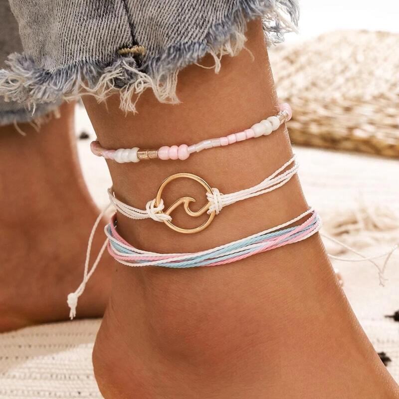 

3pcs Rope Beaded Anklet, Pink