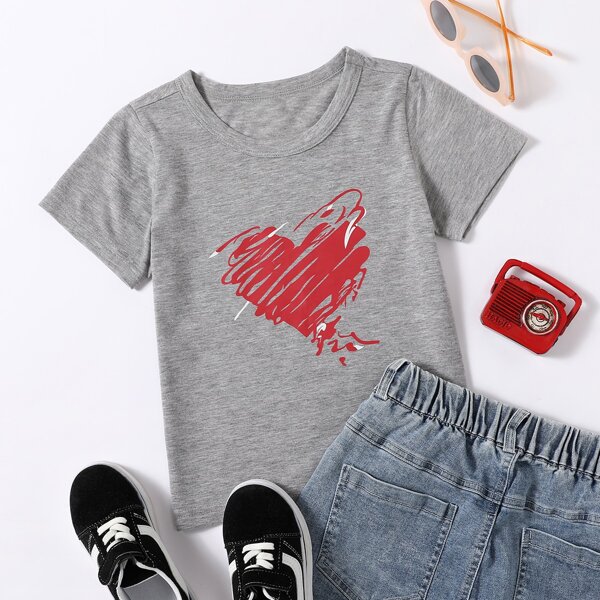 

Toddler Girls Heart Print Short Sleeve Tee, Grey