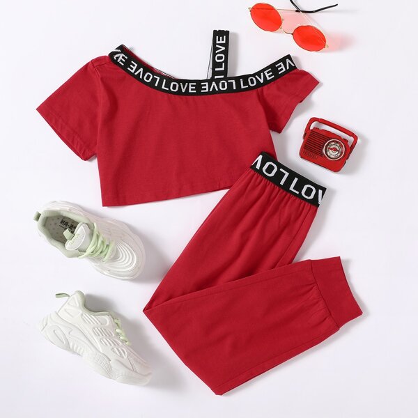 

Toddler Girls Letter Tape Asymmetric Neck Tee & Sweatpants, Burgundy