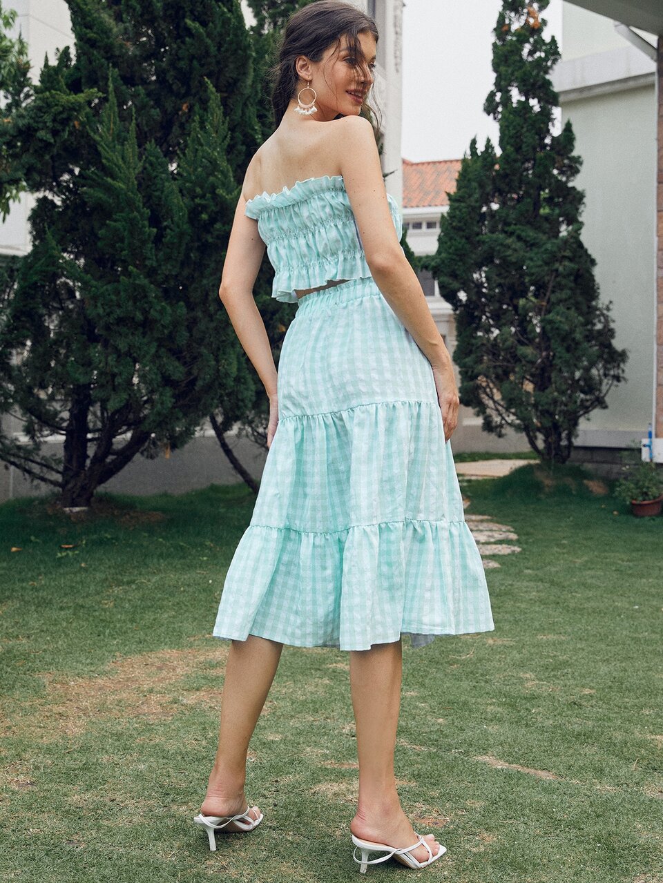 Gingham Frill Trim Tube Top & Skirt