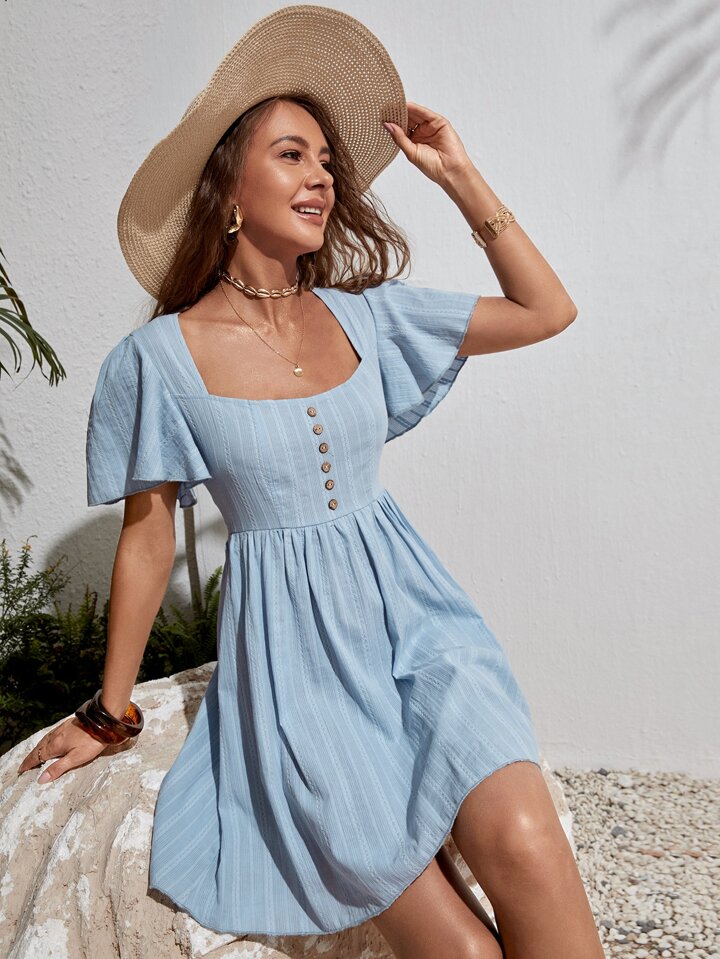 butterfly sleeve a line dress Solid Color Sweetheart Lace Butterfly Sleeve A line Vintage Party Dress, Navy / XL