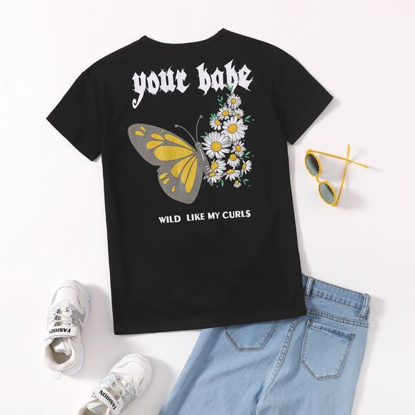 

Girls Butterfly And Daisy Print Tee, Black
