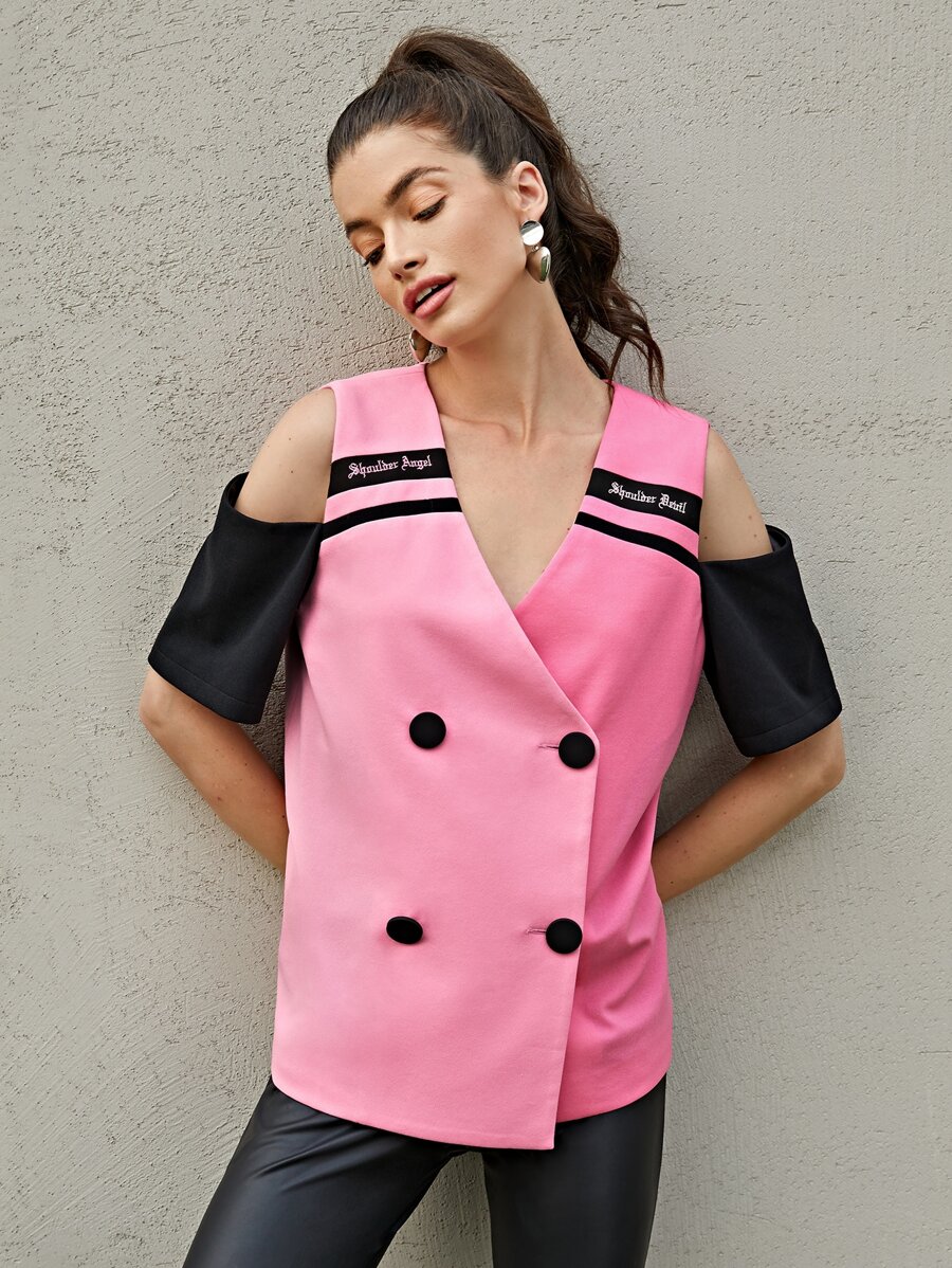 Dash of Pep 挖肩字母圖案拼色西裝外套 - 粉色 - 查看 1