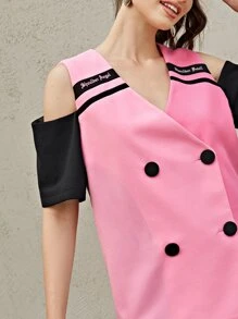 Dash of Pep 挖肩字母圖案拼色西裝外套 - 粉色 - 查看 3