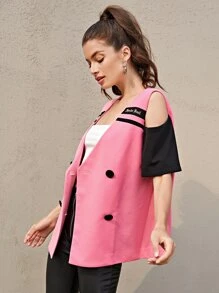 Dash of Pep 挖肩字母圖案拼色西裝外套 - 粉色 - 查看 4
