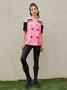 Dash of Pep 挖肩字母圖案拼色西裝外套 - 粉色 - 查看 5