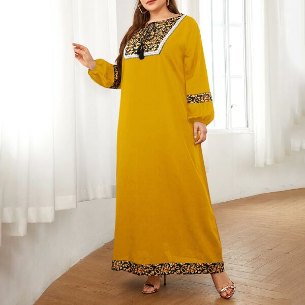

Plus Scroll Print Lace Insert Tie Neck Maxi Tunic Dress, Mustard yellow