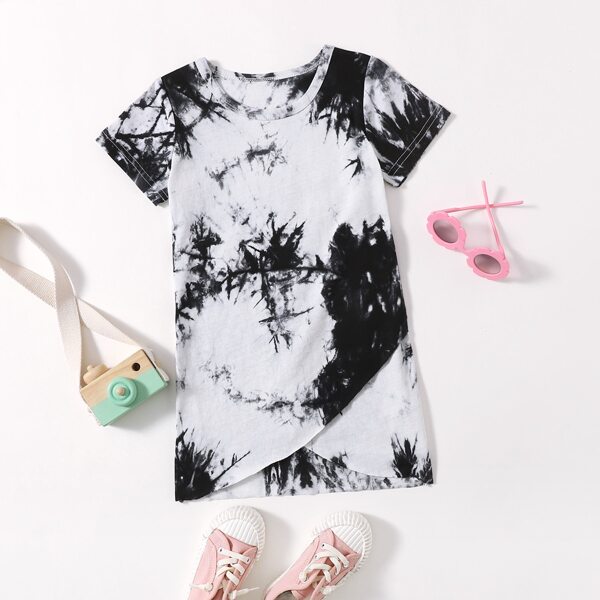 

Toddler Girls Tie Dye Tulip Hem Tee Dress, Black and white