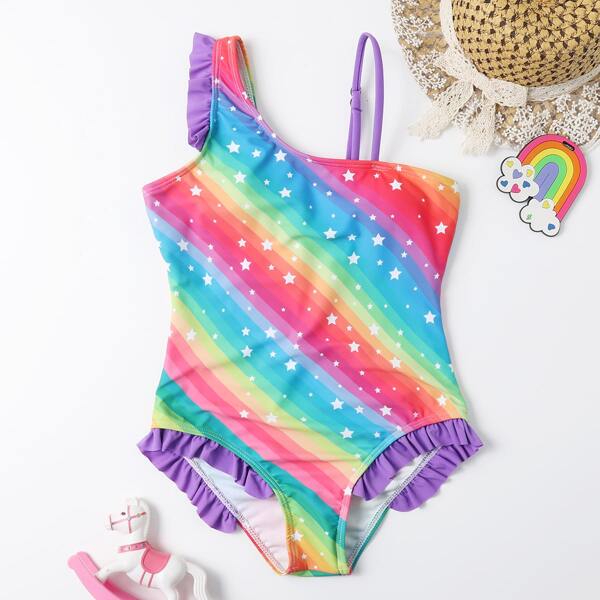 

Girls Rainbow Striped & Star Print One Piece Swimsuit, Multicolor