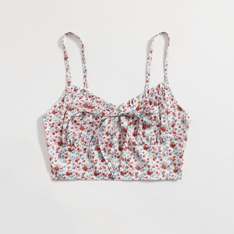 

Ditsy Floral Tie Front Shirred Crop Cami, Multicolor