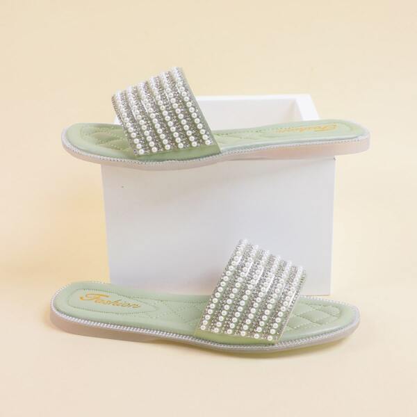 

Faux Pearl & Rhinestone Decor Slide Sandals, Green