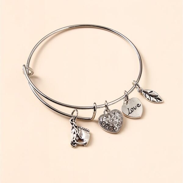 

Rhinestone Heart Charm Bangle, Silver