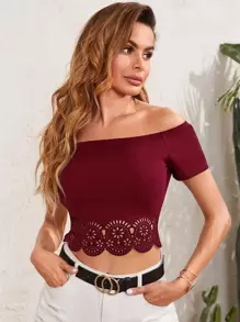 SHEIN Privé Áo thun Cắt ra màu trơn Thanh lịch - Màu Đỏ Sâu - Xem 1