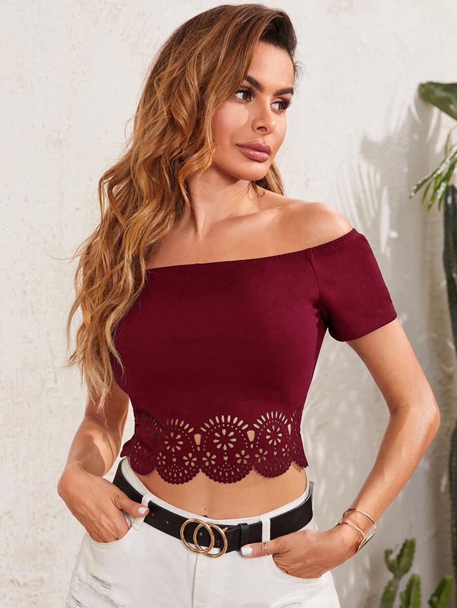 SHEIN Privé Áo thun Cắt ra màu trơn Thanh lịch - Màu Đỏ Sâu - Xem 1