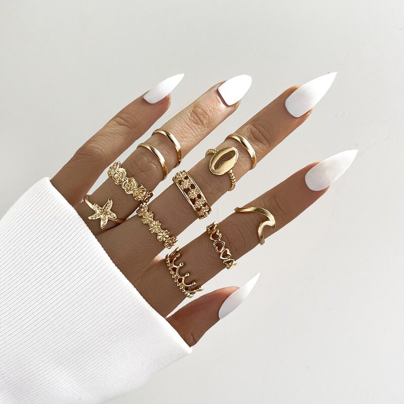 

11pcs Shell & Starfish Ring Set, Gold