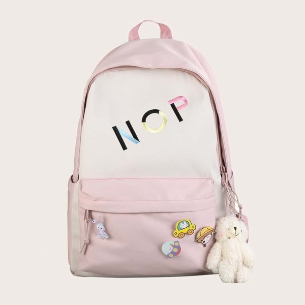 

Letter Embroidery Pocket Front Backpack, Pink