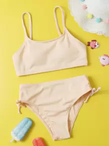 Tween Girl Solid Tie Side Bikini Set Summer Beach - Baby Pink - View 1