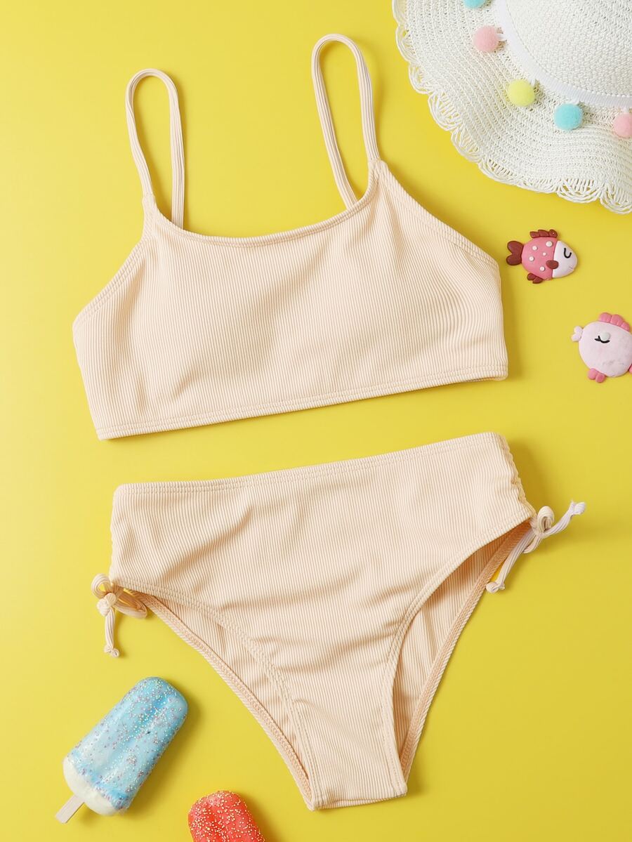 Tween Girl Solid Tie Side Bikini Set Summer Beach - Baby Pink - View 1