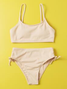 Tween Girl Solid Tie Side Bikini Set Summer Beach - Baby Pink - View 5