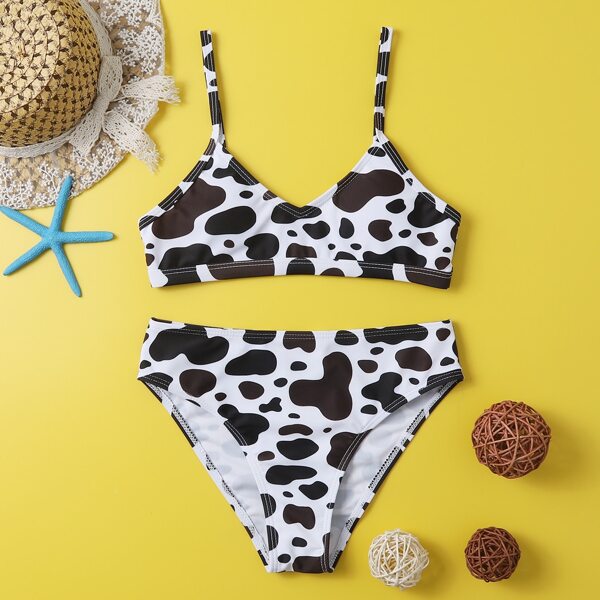 

Girls Cow Print Bikini Swimsuit, Black and white