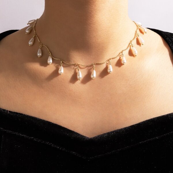 

Faux Pearl Charm Necklace, Gold