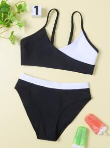 Conjunto de bikini de bloques de color para niña preadolescente, verano playa
