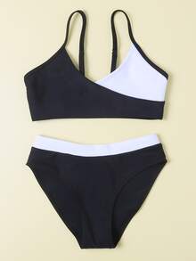 Conjunto de bikini de bloques de color para niña preadolescente, verano playa
