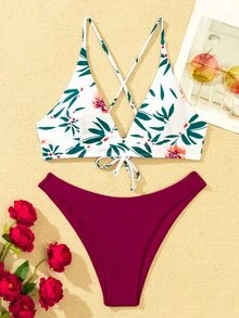 Floral Graphic Bikini Set For Summer Beach Vacation - Multicolor - View 3