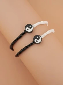 2件简约阴阳太极元素黑白串珠脚链套装，女士适用 - 黑與白 - 查看 2