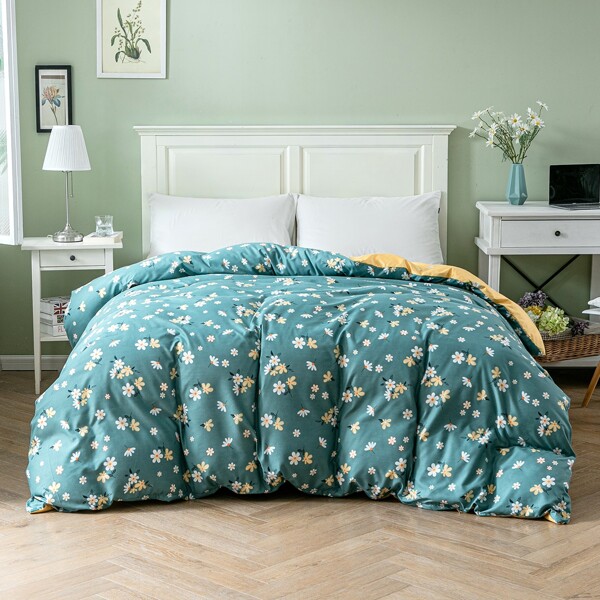 

Flower Print Duvet Cover Without Filler, Cadet blue