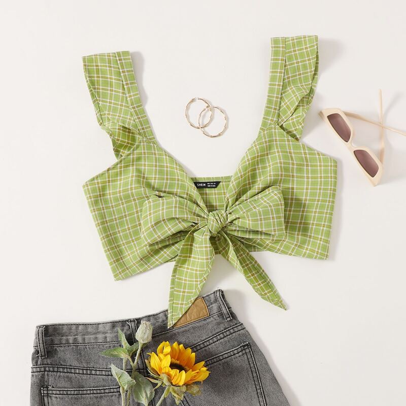 

Tie Front Ruffle Strap Plaid Top, Lime green