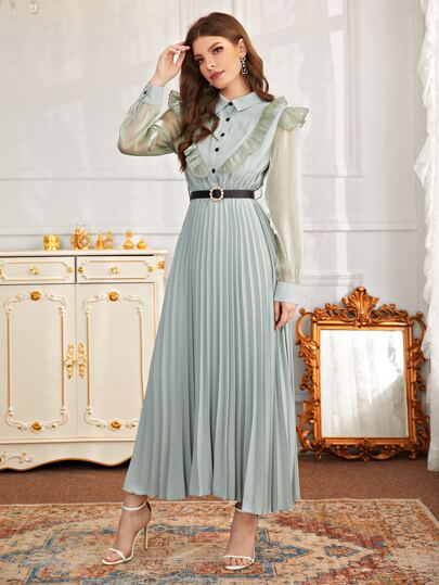 فستان بحزام بحافة مثني بازرار نصف