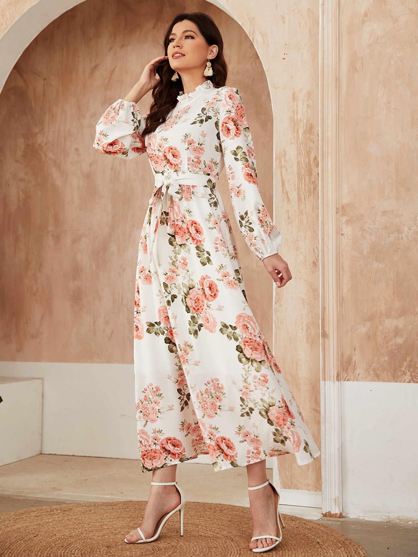 Ruffle Neck Floral Print Belted A-line 