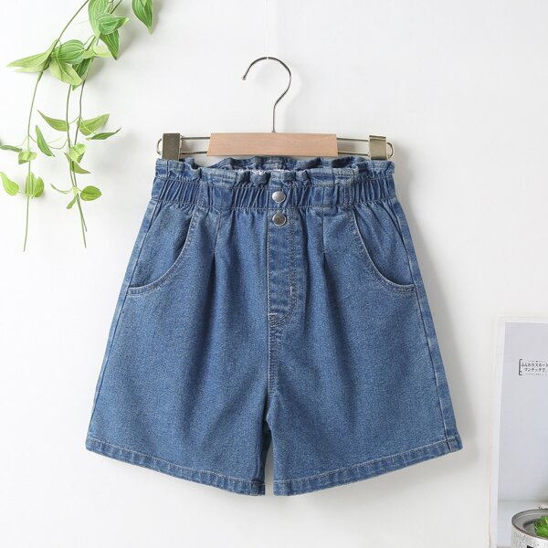 

для девочек Джинсовые шорты с присборенной талией на пуговицах, Синий цвет средней стирки